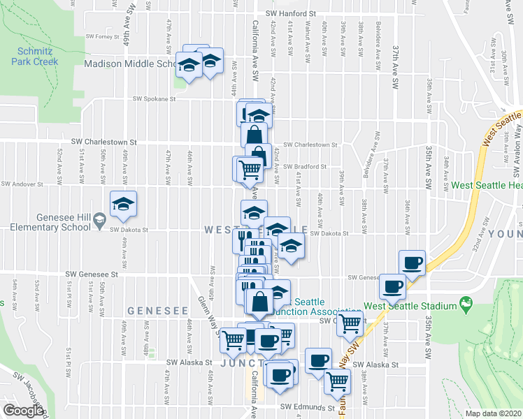 map of restaurants, bars, coffee shops, grocery stores, and more near 4012 California Avenue Southwest in Seattle