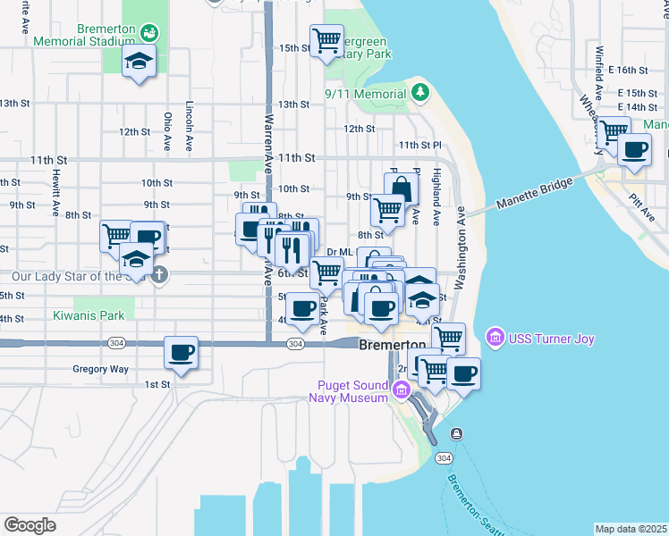 map of restaurants, bars, coffee shops, grocery stores, and more near 600 Park Avenue in Bremerton