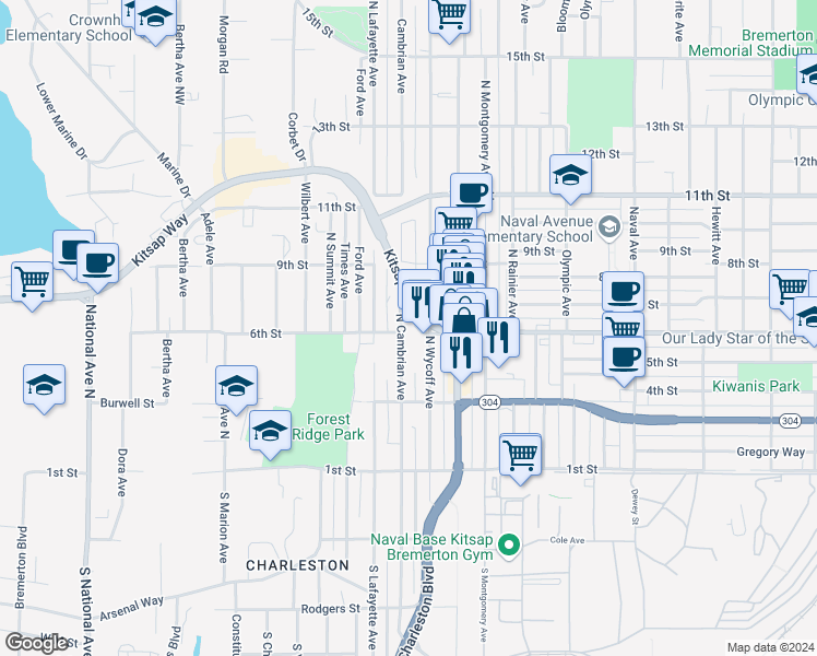 map of restaurants, bars, coffee shops, grocery stores, and more near 602 Cambrian Avenue North in Bremerton