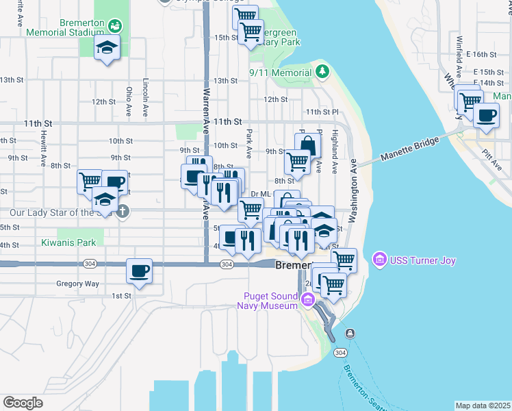 map of restaurants, bars, coffee shops, grocery stores, and more near 600 Park Avenue in Bremerton