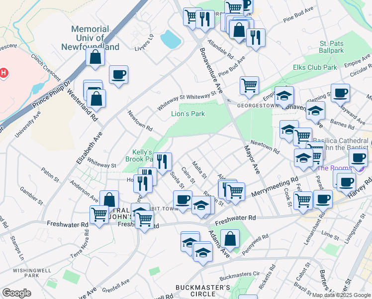 map of restaurants, bars, coffee shops, grocery stores, and more near 152 Empire Avenue in St. John's