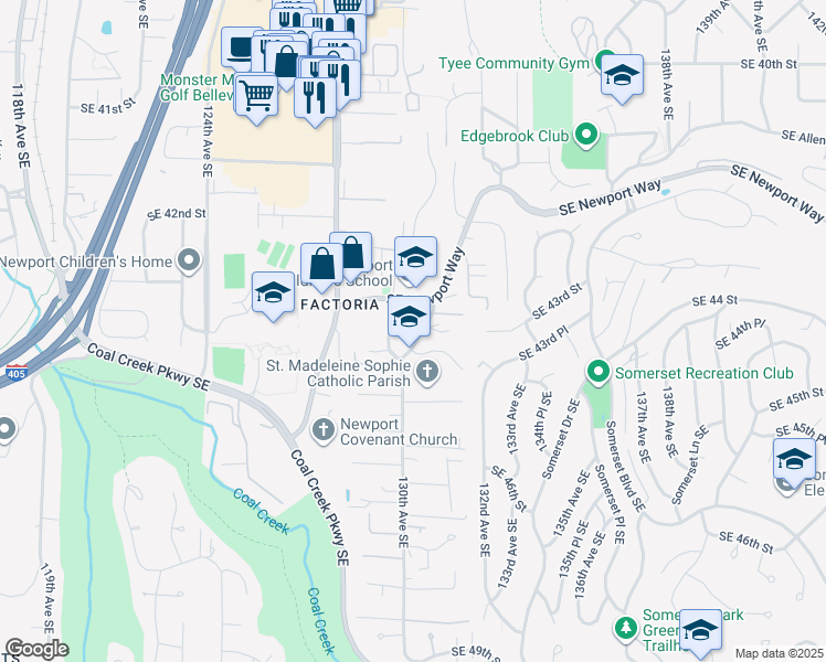 map of restaurants, bars, coffee shops, grocery stores, and more near 4315 130th Place Southeast in Bellevue