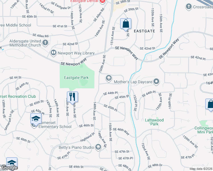 map of restaurants, bars, coffee shops, grocery stores, and more near 15025 Southeast 44 Street in Bellevue