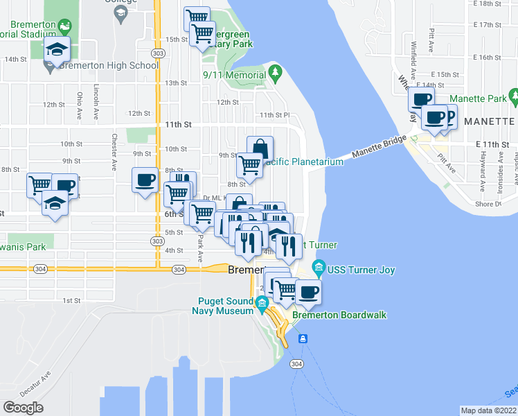 map of restaurants, bars, coffee shops, grocery stores, and more near 602 Pacific Avenue in Bremerton