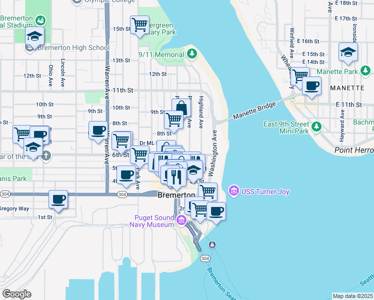 map of restaurants, bars, coffee shops, grocery stores, and more near in Bremerton