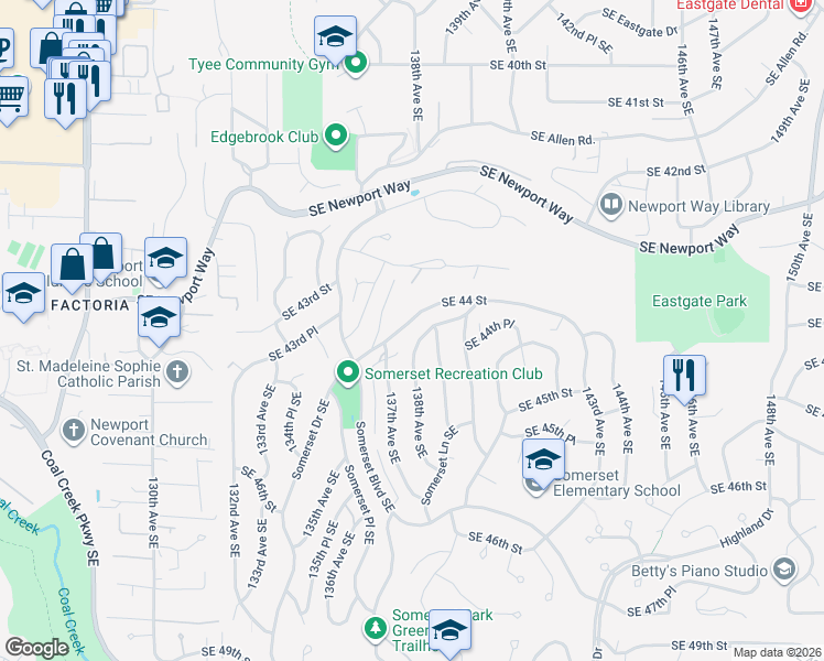 map of restaurants, bars, coffee shops, grocery stores, and more near 13800 Southeast 44 Street in Bellevue