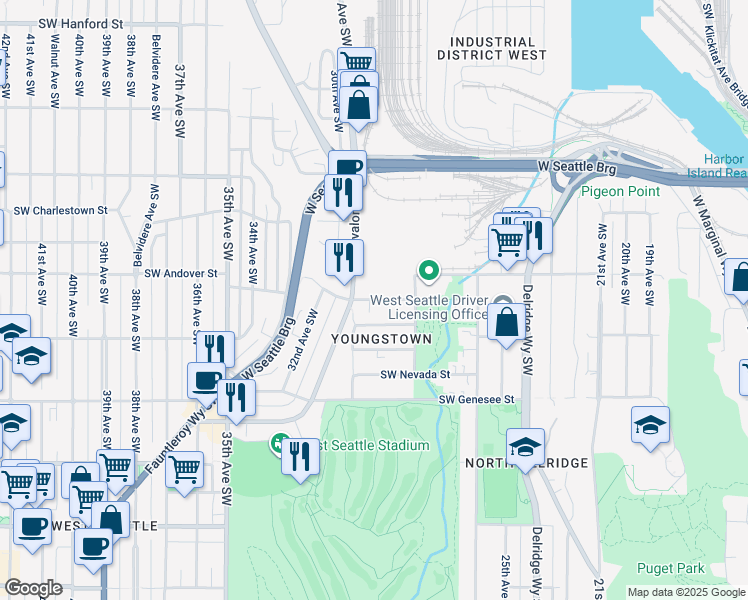 map of restaurants, bars, coffee shops, grocery stores, and more near 2852 Southwest Yancy Street in Seattle