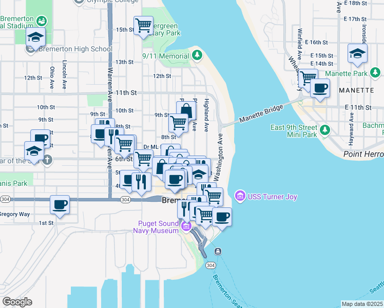 map of restaurants, bars, coffee shops, grocery stores, and more near in Bremerton