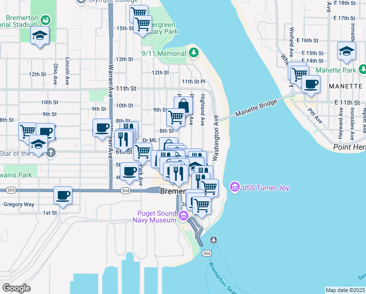 map of restaurants, bars, coffee shops, grocery stores, and more near in Bremerton