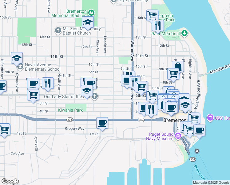 map of restaurants, bars, coffee shops, grocery stores, and more near 606 Chester Avenue in Bremerton