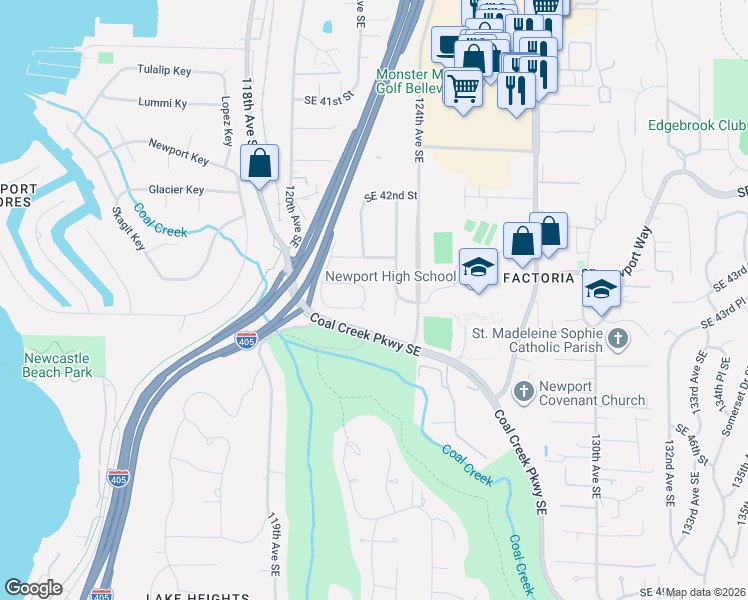 map of restaurants, bars, coffee shops, grocery stores, and more near 4464 122nd Avenue Southeast in Bellevue