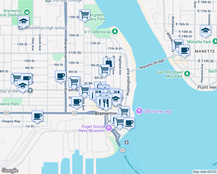 map of restaurants, bars, coffee shops, grocery stores, and more near 602 Pacific Avenue in Bremerton