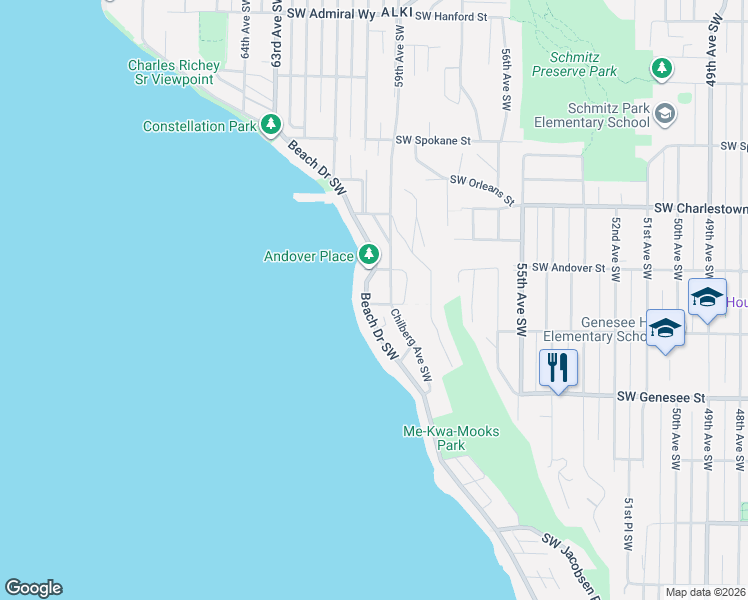 map of restaurants, bars, coffee shops, grocery stores, and more near 4030 Beach Drive Southwest in Seattle