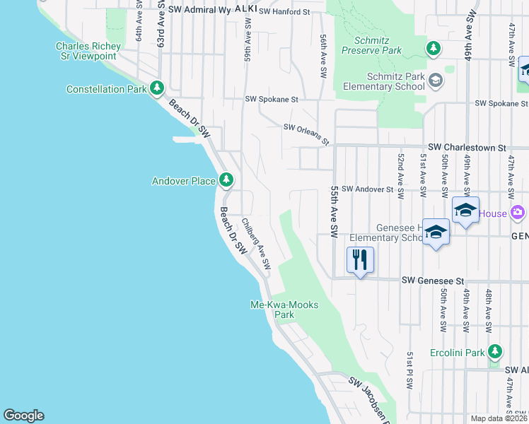 map of restaurants, bars, coffee shops, grocery stores, and more near 4022 58th Place Southwest in Seattle