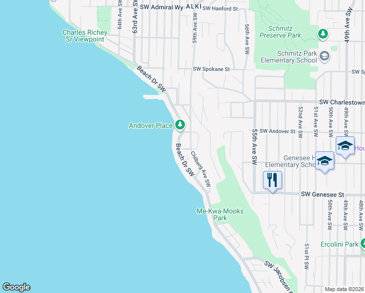 map of restaurants, bars, coffee shops, grocery stores, and more near 4030 Beach Drive Southwest in Seattle
