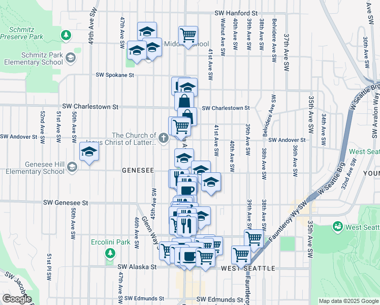 map of restaurants, bars, coffee shops, grocery stores, and more near 4022 California Avenue Southwest in Seattle