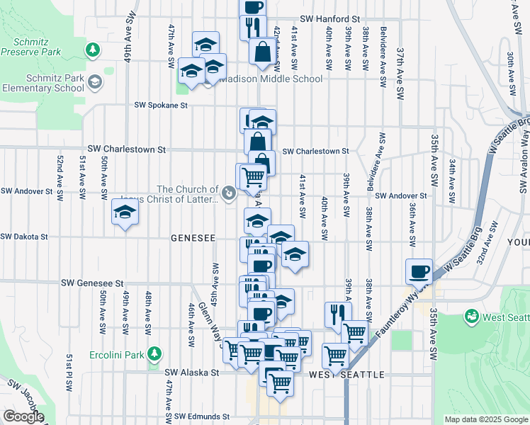 map of restaurants, bars, coffee shops, grocery stores, and more near 4012 California Avenue Southwest in Seattle