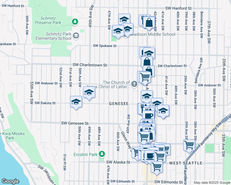 map of restaurants, bars, coffee shops, grocery stores, and more near 4013 46th Avenue Southwest in Seattle