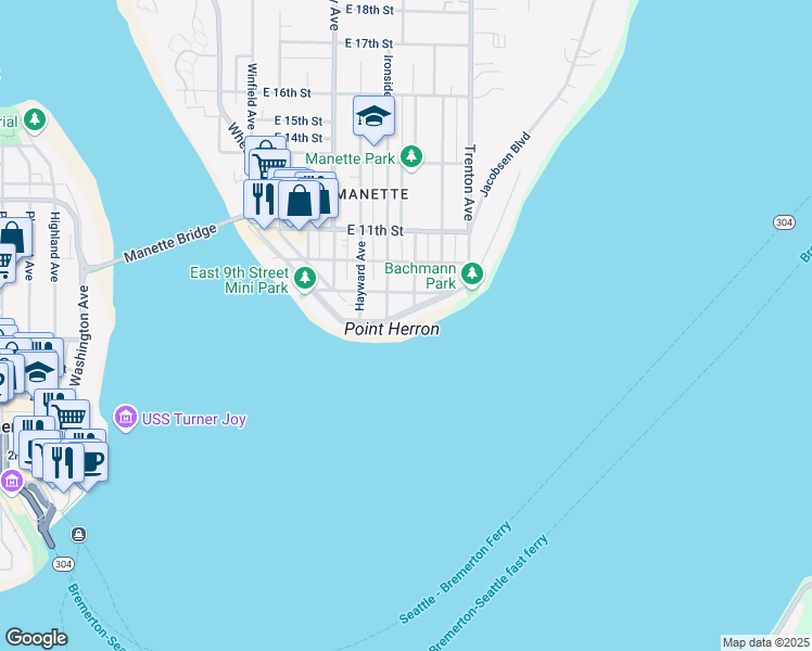 map of restaurants, bars, coffee shops, grocery stores, and more near 602 Shore Drive in Bremerton