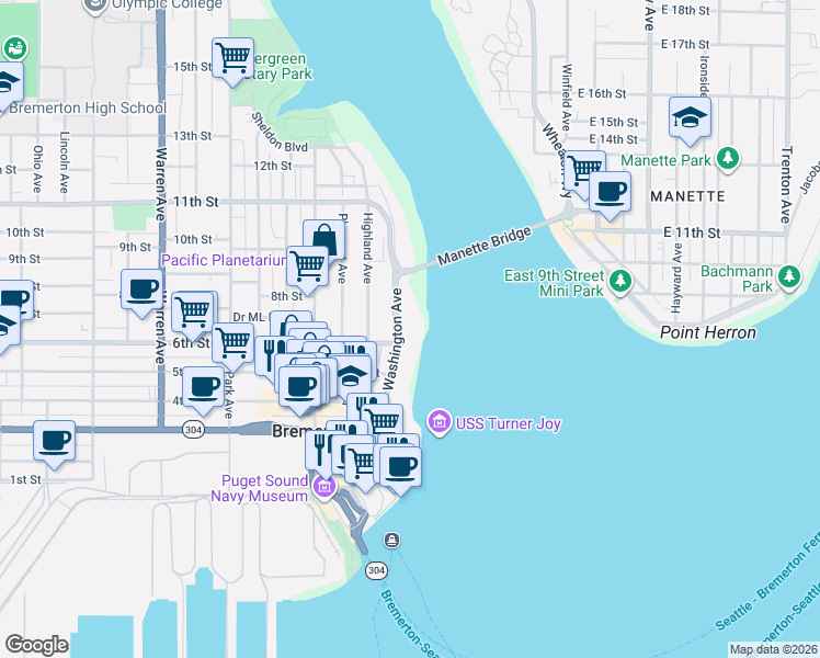 map of restaurants, bars, coffee shops, grocery stores, and more near in Bremerton