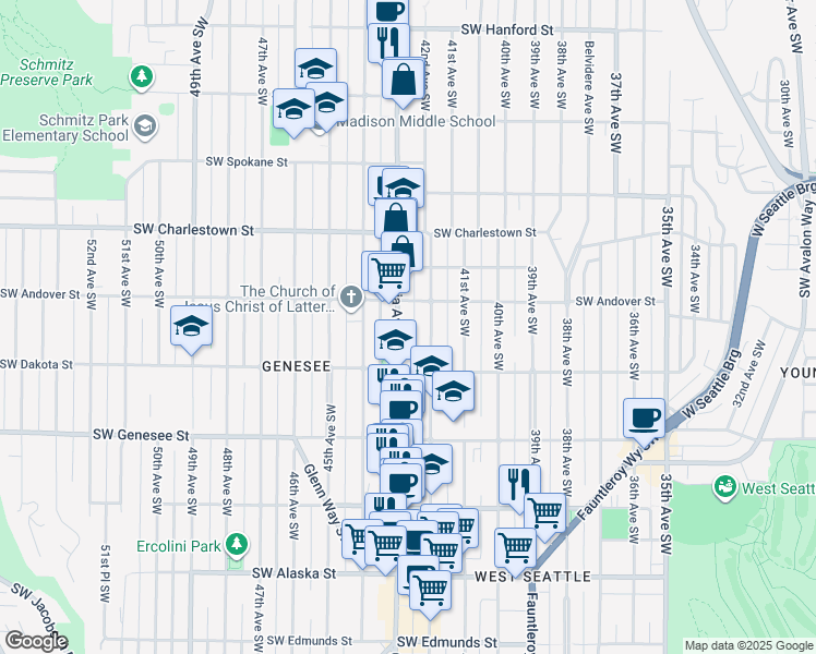 map of restaurants, bars, coffee shops, grocery stores, and more near 4012 California Avenue Southwest in Seattle