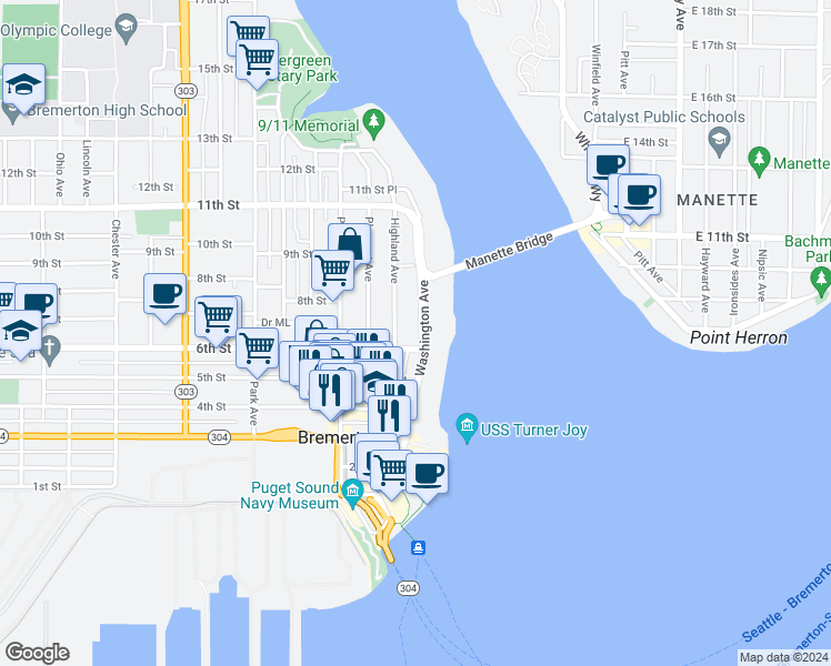 map of restaurants, bars, coffee shops, grocery stores, and more near 611 Washington Avenue in Bremerton