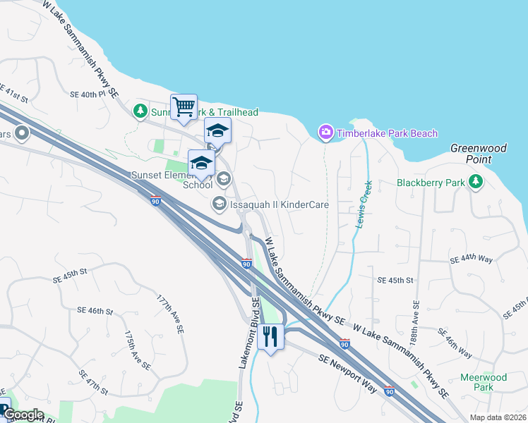 map of restaurants, bars, coffee shops, grocery stores, and more near 4330 West Lake Sammamish Parkway Southeast in Issaquah