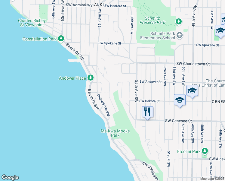 map of restaurants, bars, coffee shops, grocery stores, and more near 4017 Hillcrest Avenue Southwest in Seattle