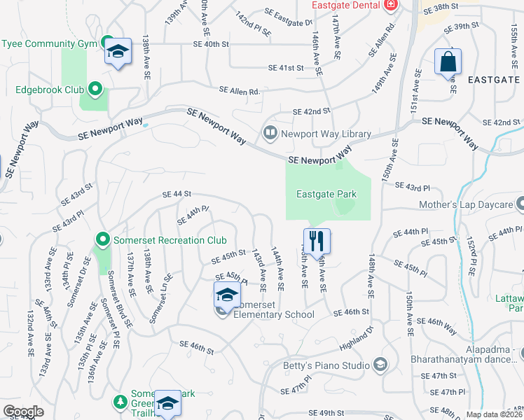 map of restaurants, bars, coffee shops, grocery stores, and more near 4400 144th Avenue Southeast in Bellevue