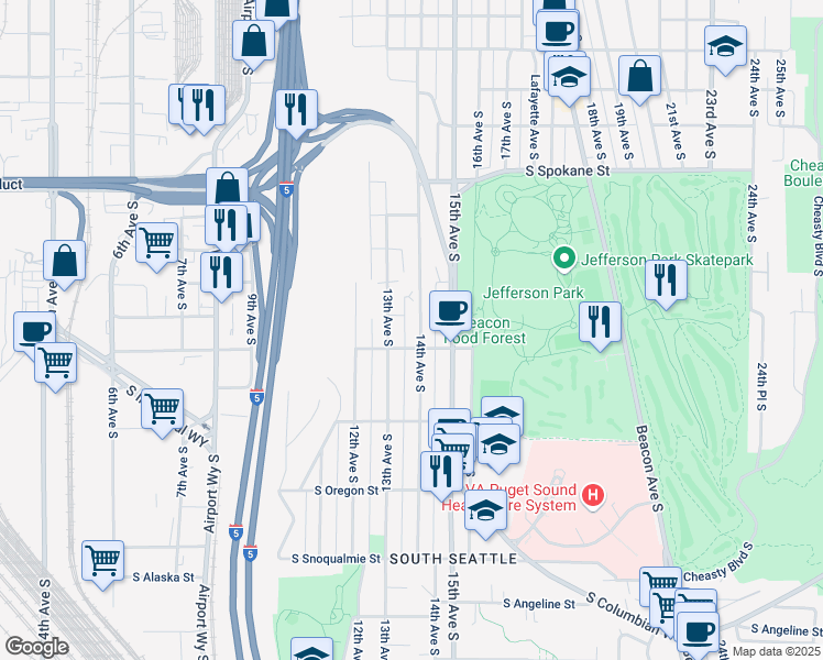 map of restaurants, bars, coffee shops, grocery stores, and more near 4011 14th Avenue South in Seattle