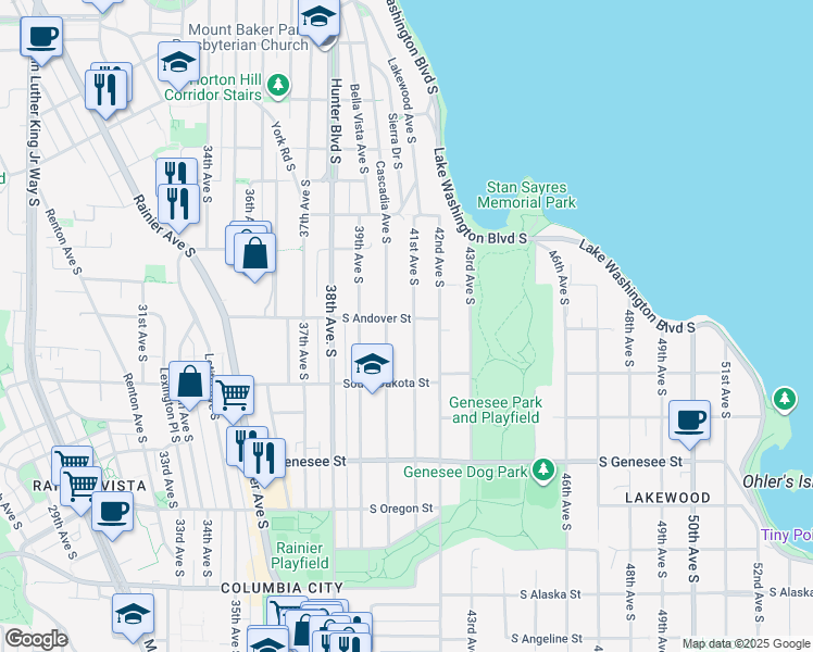 map of restaurants, bars, coffee shops, grocery stores, and more near 4015 South Andover Street in Seattle