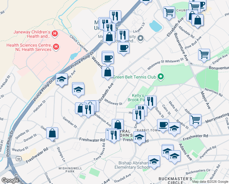 map of restaurants, bars, coffee shops, grocery stores, and more near 11 Kirke Place in St. John's