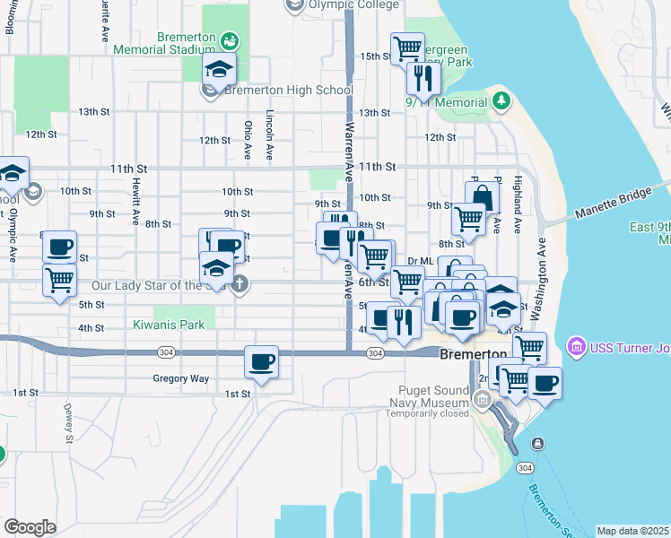 map of restaurants, bars, coffee shops, grocery stores, and more near 620 Broadway Avenue in Bremerton