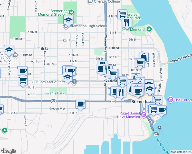 map of restaurants, bars, coffee shops, grocery stores, and more near 611 Broadway Avenue in Bremerton