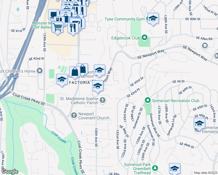map of restaurants, bars, coffee shops, grocery stores, and more near 4320 130th Place Southeast in Bellevue