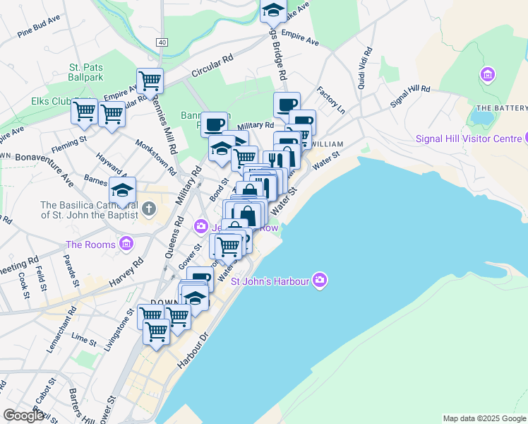 map of restaurants, bars, coffee shops, grocery stores, and more near 183 Duckworth Street in St. John's