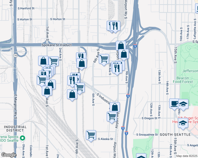map of restaurants, bars, coffee shops, grocery stores, and more near 601 South Andover Street in Seattle