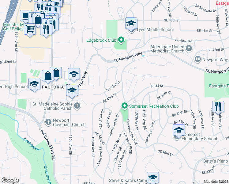 map of restaurants, bars, coffee shops, grocery stores, and more near 13420 Southeast 43 Place in Bellevue