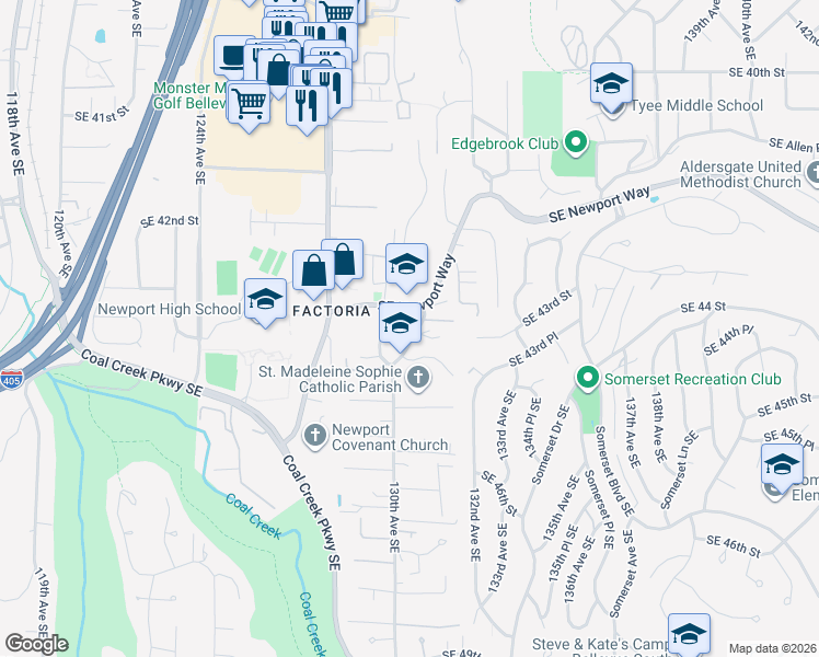 map of restaurants, bars, coffee shops, grocery stores, and more near 4315 130th Place Southeast in Bellevue