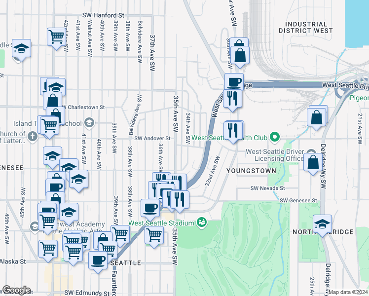 map of restaurants, bars, coffee shops, grocery stores, and more near 3878 35th Avenue Southwest in Seattle