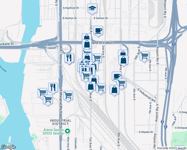 map of restaurants, bars, coffee shops, grocery stores, and more near 4000 1st Avenue South in Seattle