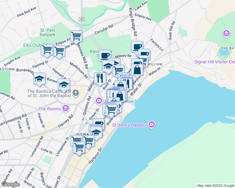 map of restaurants, bars, coffee shops, grocery stores, and more near 22 Prospect Street in St. John's