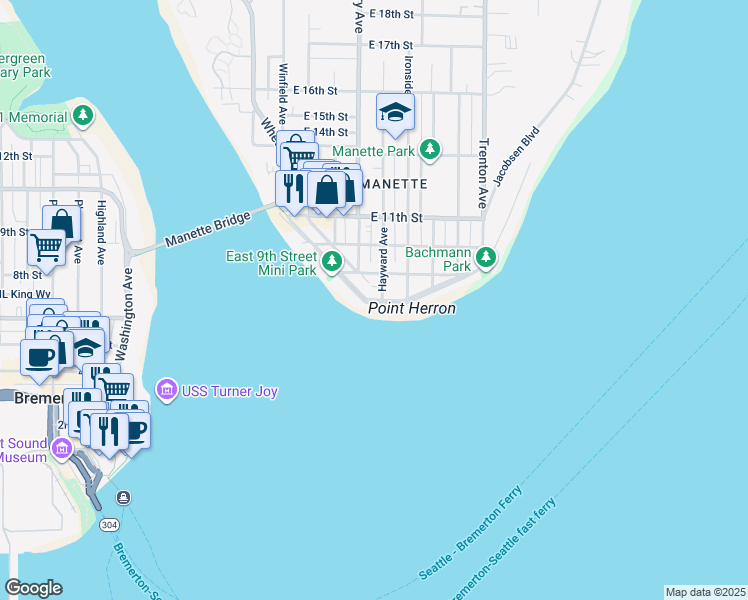 map of restaurants, bars, coffee shops, grocery stores, and more near 404 Shore Dr in Bremerton