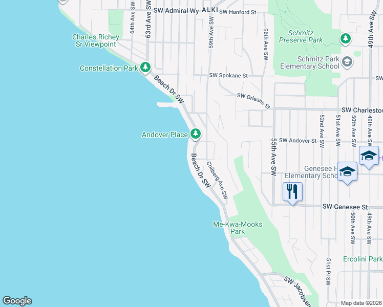 map of restaurants, bars, coffee shops, grocery stores, and more near 4027 Beach Drive Southwest in Seattle
