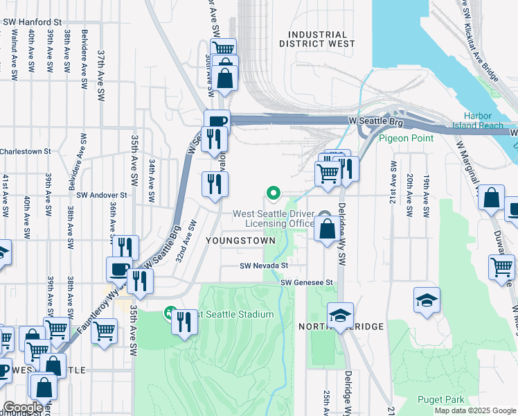 map of restaurants, bars, coffee shops, grocery stores, and more near 2806 Southwest Yancy Street in Seattle