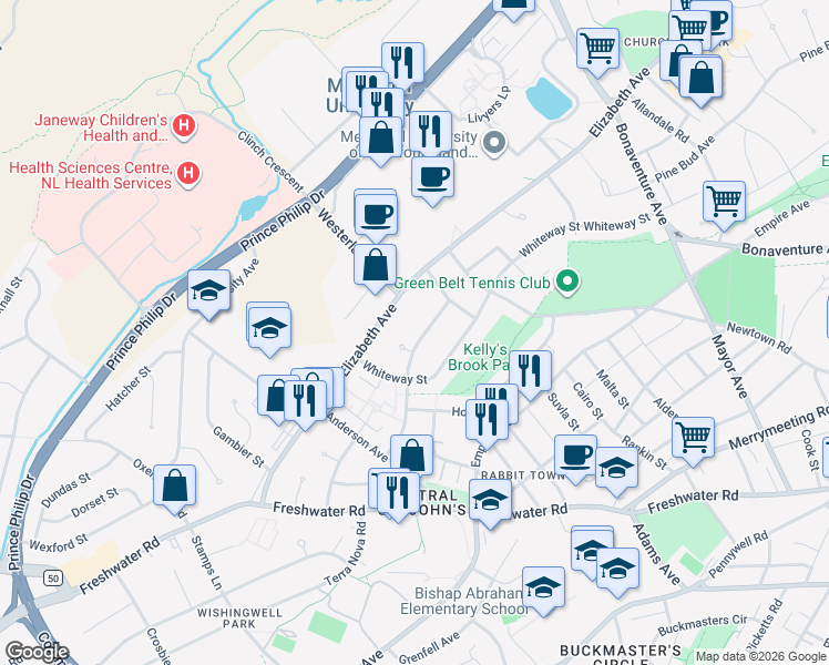 map of restaurants, bars, coffee shops, grocery stores, and more near 14 Guy Street in St. John's