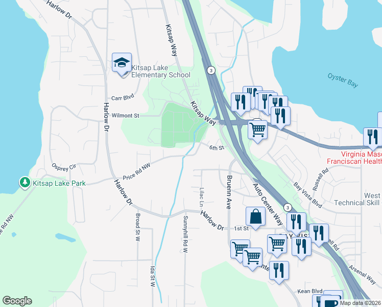 map of restaurants, bars, coffee shops, grocery stores, and more near 928 Price Road Northwest in Bremerton