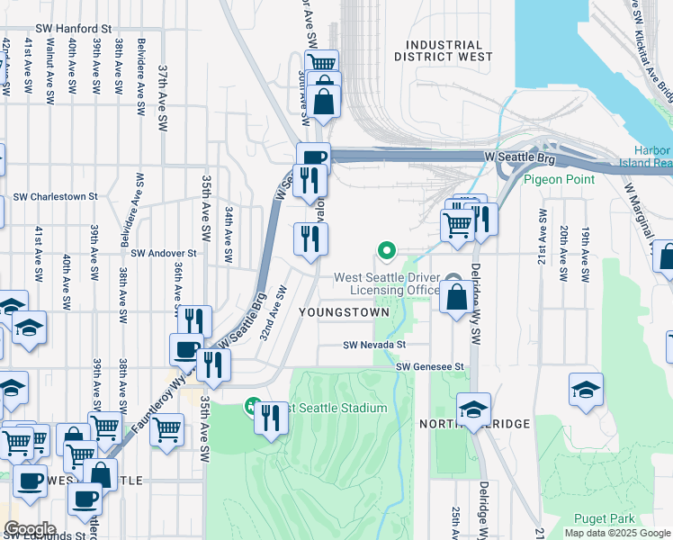 map of restaurants, bars, coffee shops, grocery stores, and more near 2852 Southwest Yancy Street in Seattle