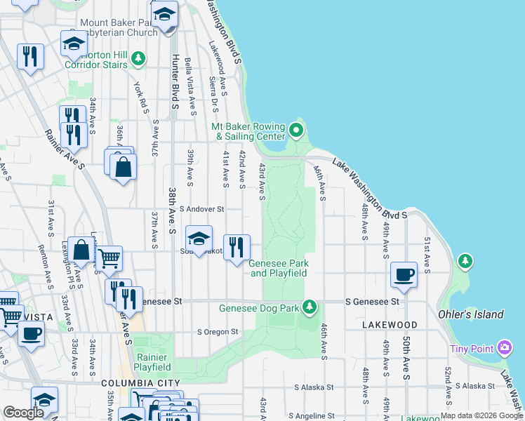 map of restaurants, bars, coffee shops, grocery stores, and more near 3933 43rd Ave S in Seattle