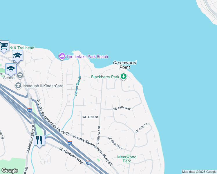 map of restaurants, bars, coffee shops, grocery stores, and more near 4250 189th Avenue Southeast in Issaquah